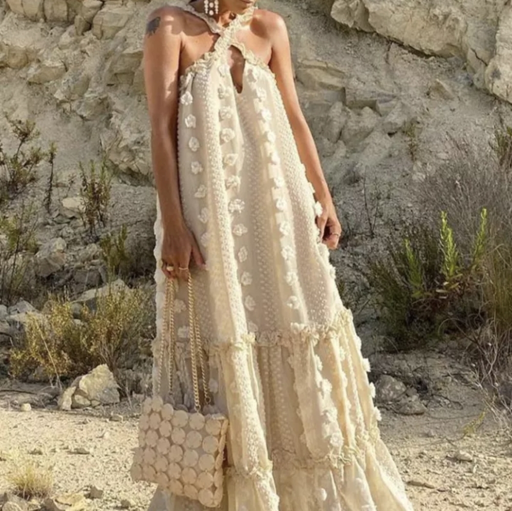 NWT SUMMER POM POM COTTON BOHO MAXI DRESS S: SMALL-LARGE